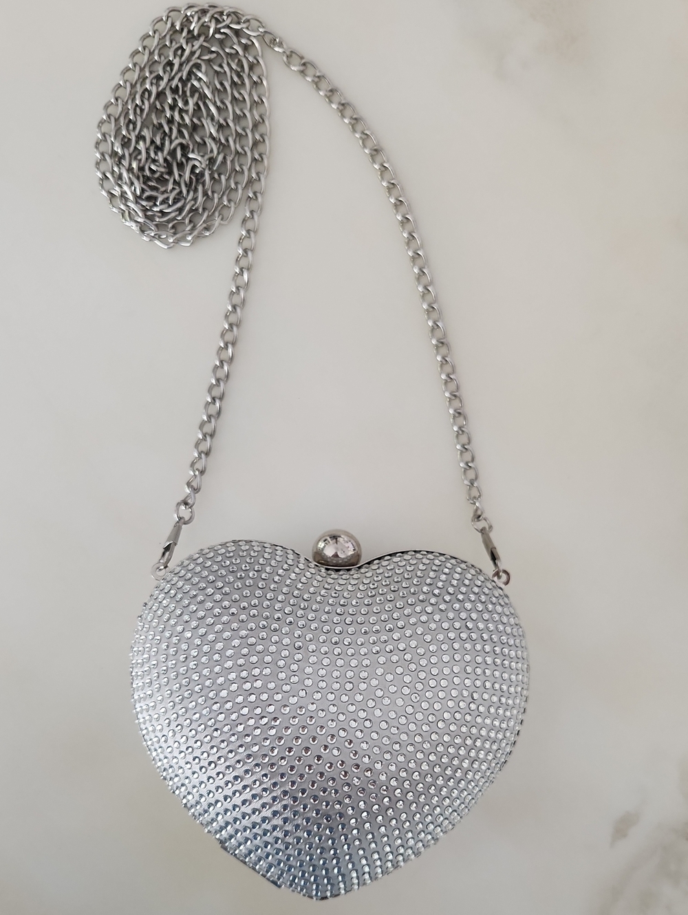 Silver Heart Crystal Evening Crossbody Bag